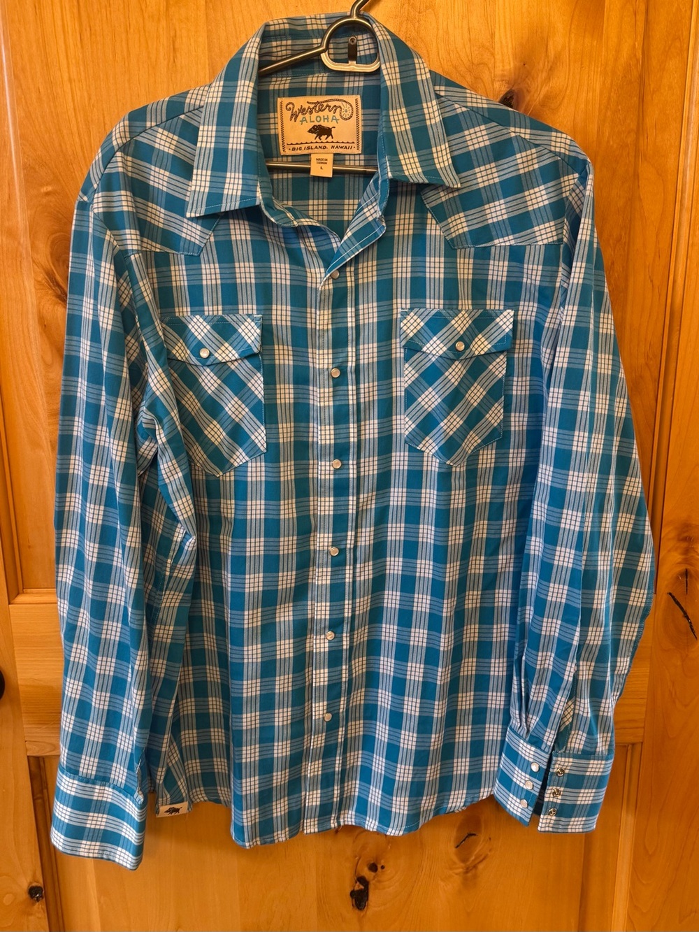 Men's Western Aloha blue/teal plaid pearl snap western shirt.